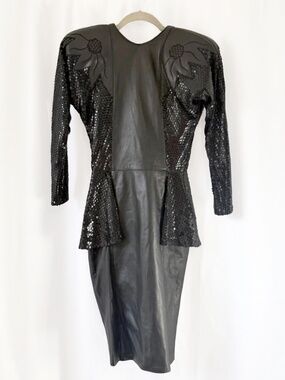 Vintage Dali Melamé 80s Black Leather Sequin Peplum Dress XS